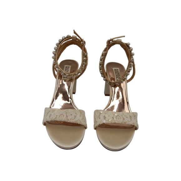 Badgley Mischka Koko Pearl & Rhinestone Lace Block Heel Bridal Sandals Ivory 6 - Picture 5 of 10